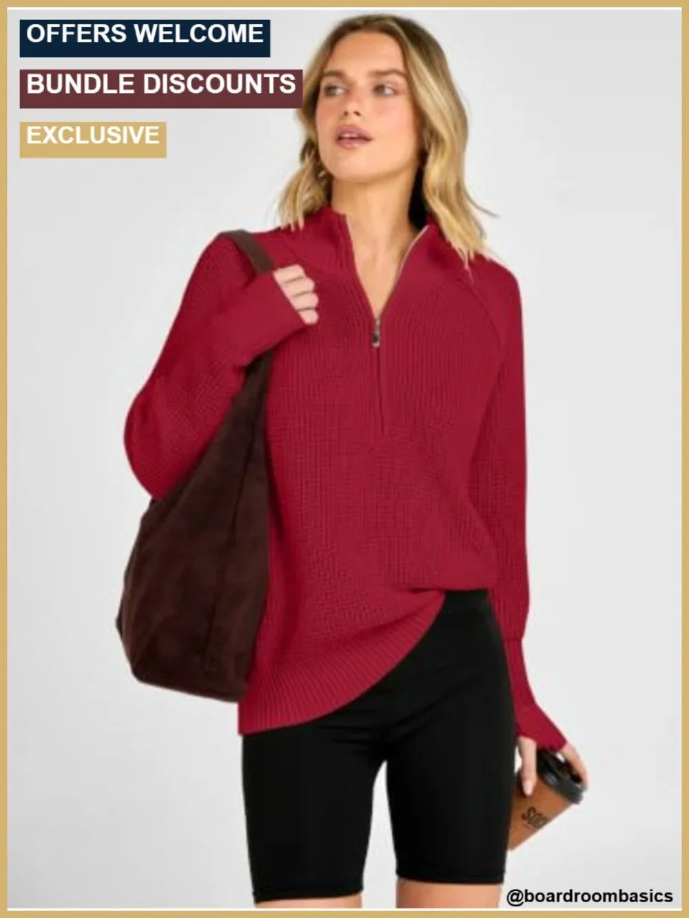 Womens Waffle Knit Quarter Zip Pullover Sweater Loose Fit Long Sleeve Thumb